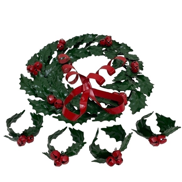 Metal Wreath Centerpiece w/ 4 Napkin Rings Department 56 Green Holly Christmas - Picture 5 of 11